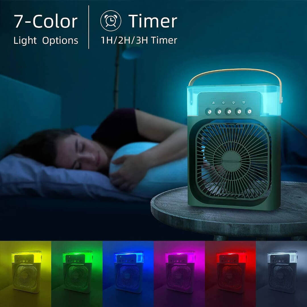 Mini Humidifier Fan, Portable Air Conditioner Fan, Mini Cooler for Home with 3 Speed Mode with Water Spray, 7 Color LED, Personal Desk Fan For Home