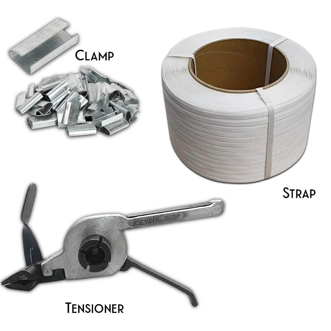 Heavy-Duty Box Strapping Packing Tool Kit (Ratchet Tensioner, Crimper, Strap and Clip)