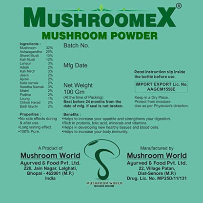 Mushroomex Mushroom Powder 100g, Ayurvedic Weight Gainer for Men, Women and Adults with Natural Ingredients to Improve Stamina