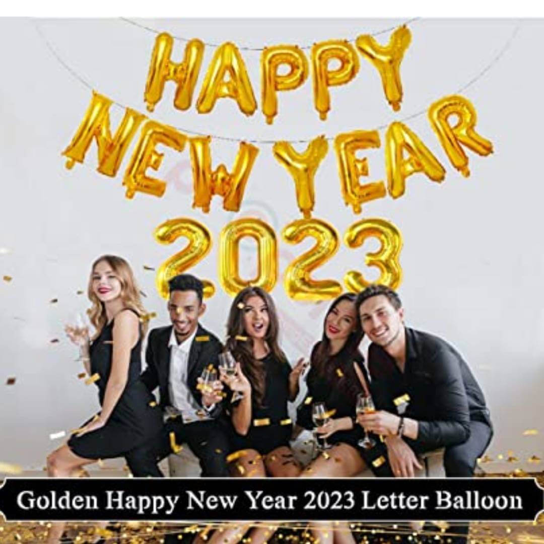 Golden Letter Happy New Year Foil Balloon and 16" Golden 4 Pcs 2023 Number Balloon / New Year Party Decoration / New Year Helium Balloon - Pack of 1