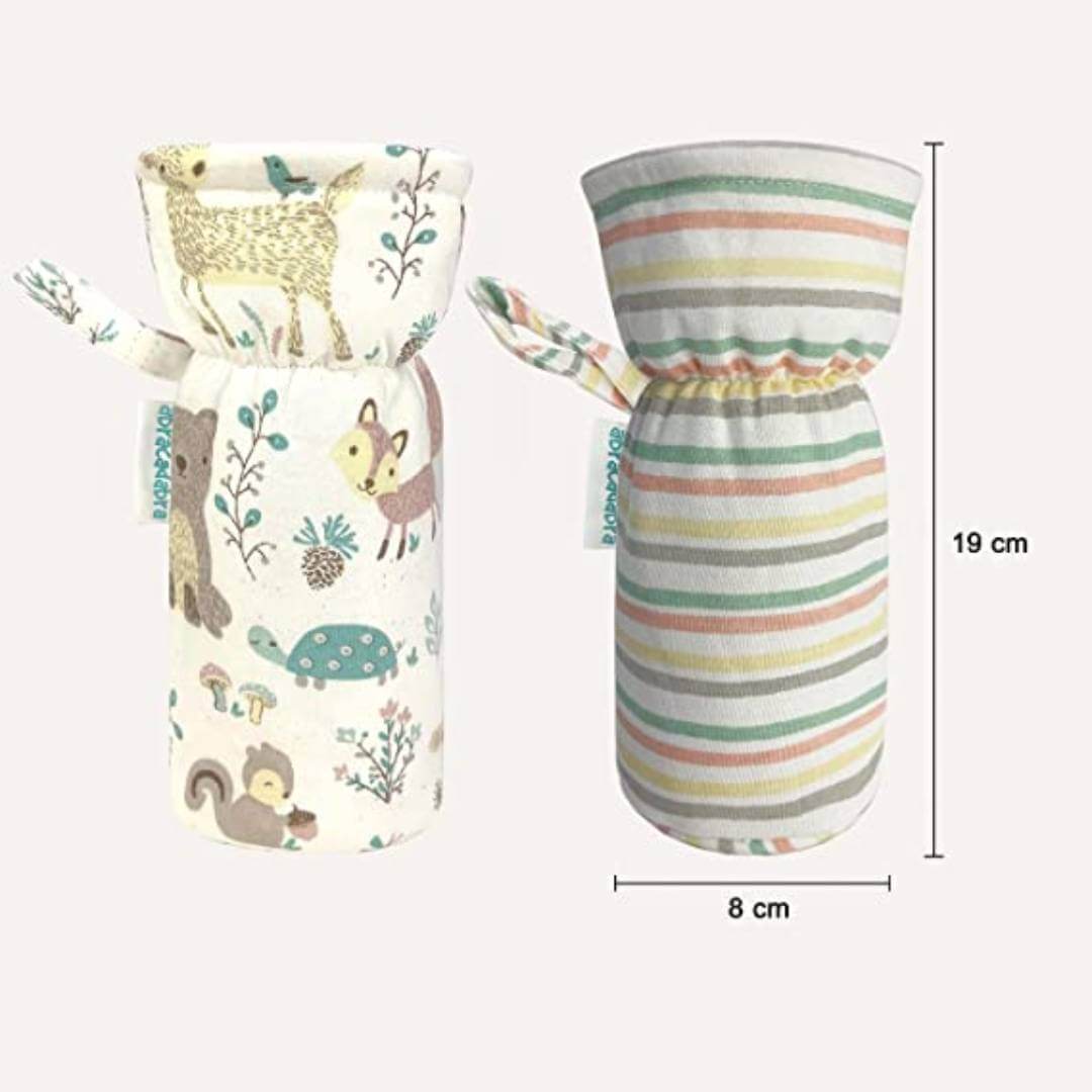 Stretchable Baby Feeding Bottle Cover with Easy to Hold Strap | Suitable for 250ml | Cute Animated Overall Print Pack of 1 (Color May Vary)