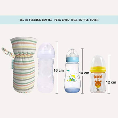 Stretchable Baby Feeding Bottle Cover with Easy to Hold Strap | Suitable for 250ml | Cute Animated Overall Print Pack of 1 (Color May Vary)