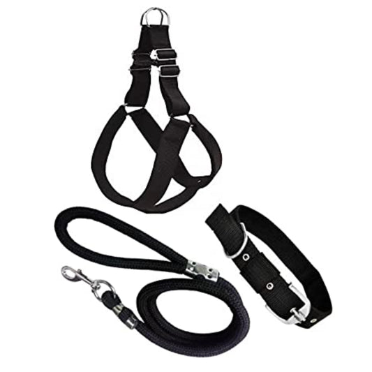 Dog Combo Pack of Harness, Neck Collar Belt and Rope Set (Black,Rope Size 1.5M-2M)
