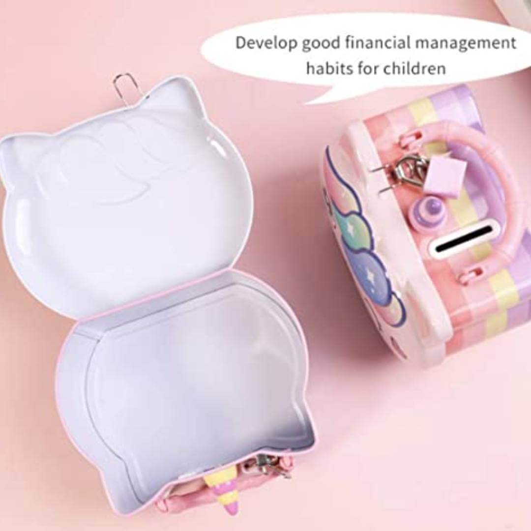 Unicorn Money Safe Piggy Bank with Lock, Savings Bank for Kids, Made of Tin Metal - Multi-Color - Wink Model