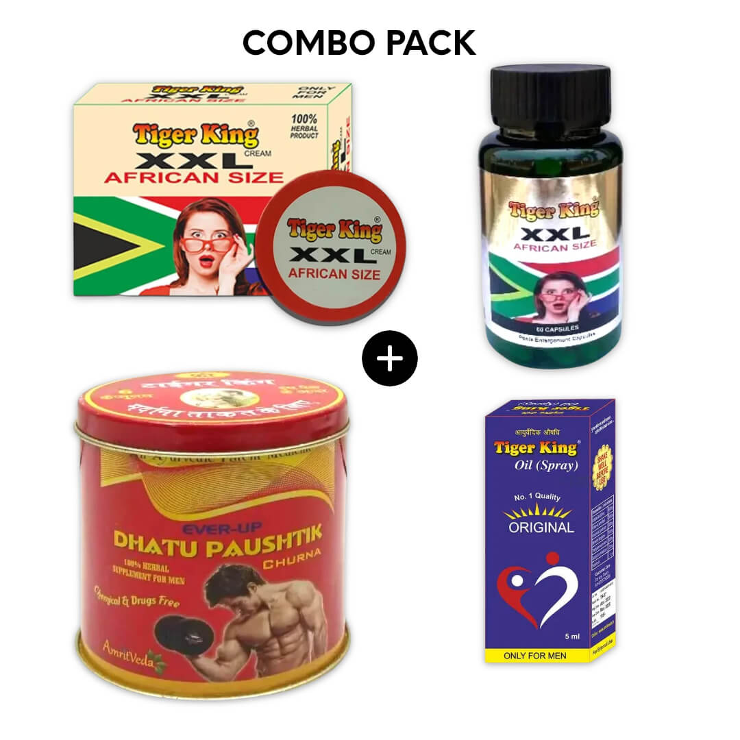 Dhatu Paushtik Churn, Tiger King Oil Spray (15), XXL African  Size Cream (30ml) And Capsules (60 Cap.), Premium Ayurvedic Supplement Complet Combo