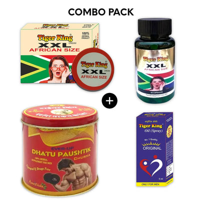 Dhatu Paushtik Churn, Tiger King Oil Spray (15), XXL African  Size Cream (30ml) And Capsules (60 Cap.), Premium Ayurvedic Supplement