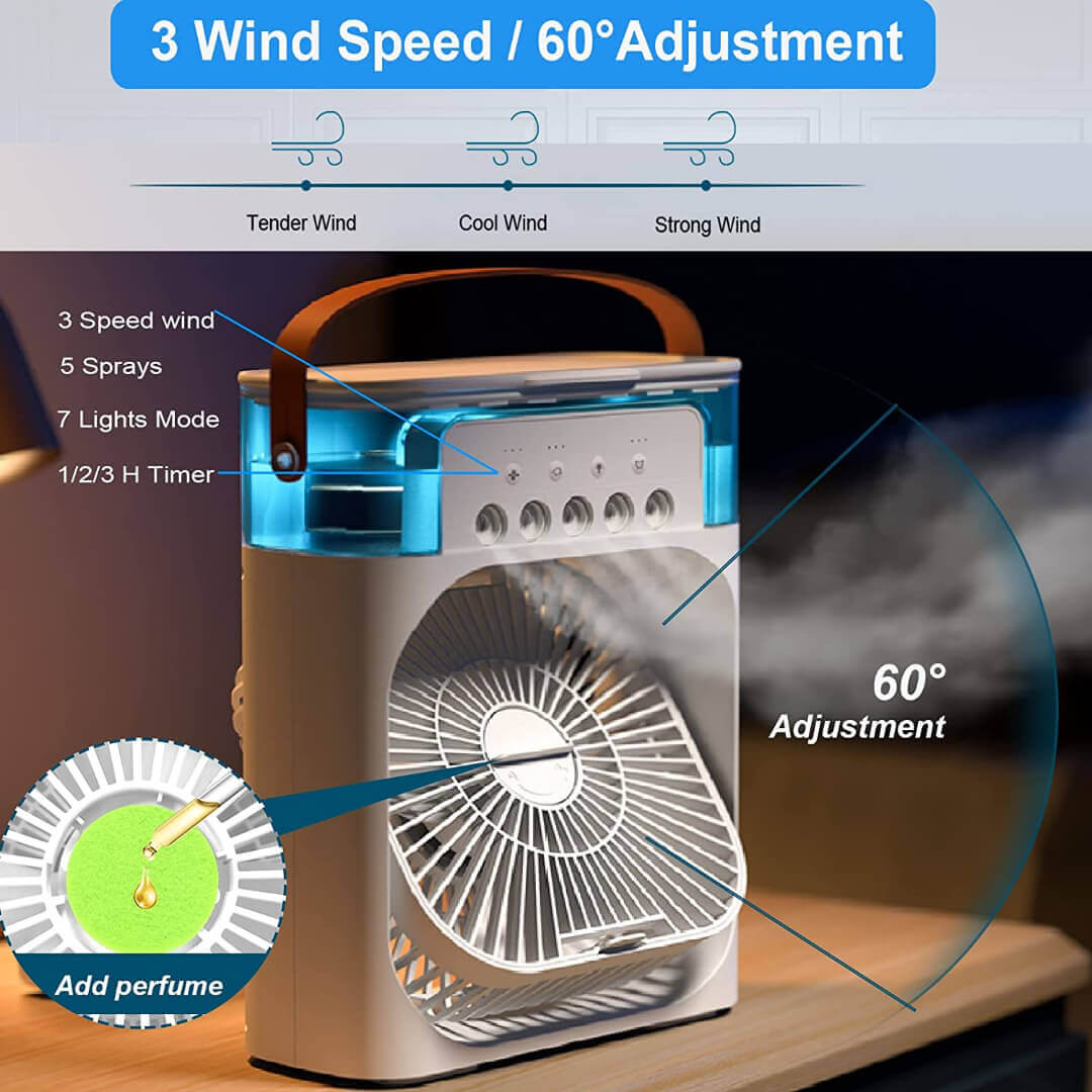 Mini Humidifier Fan, Portable Air Conditioner Fan, Mini Cooler for Home with 3 Speed Mode with Water Spray, 7 Color LED, Personal Desk Fan For Home
