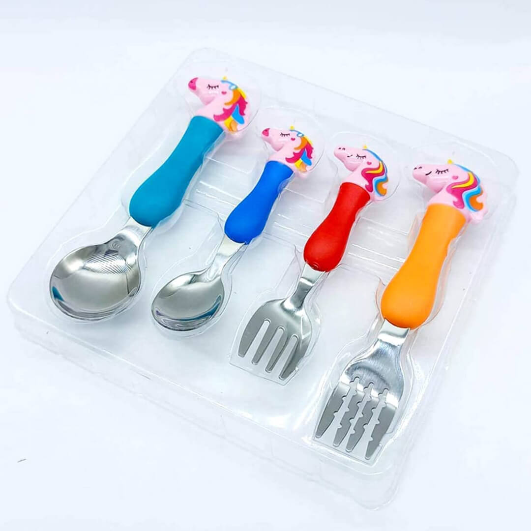 Pink Unicorn Cartoon Theme Stainless Steel Spoon & Fork Set for Kids | Baby Feeding Spoon and Fork Set (2 Spoons + 2 Forks) Perfect for Gifting