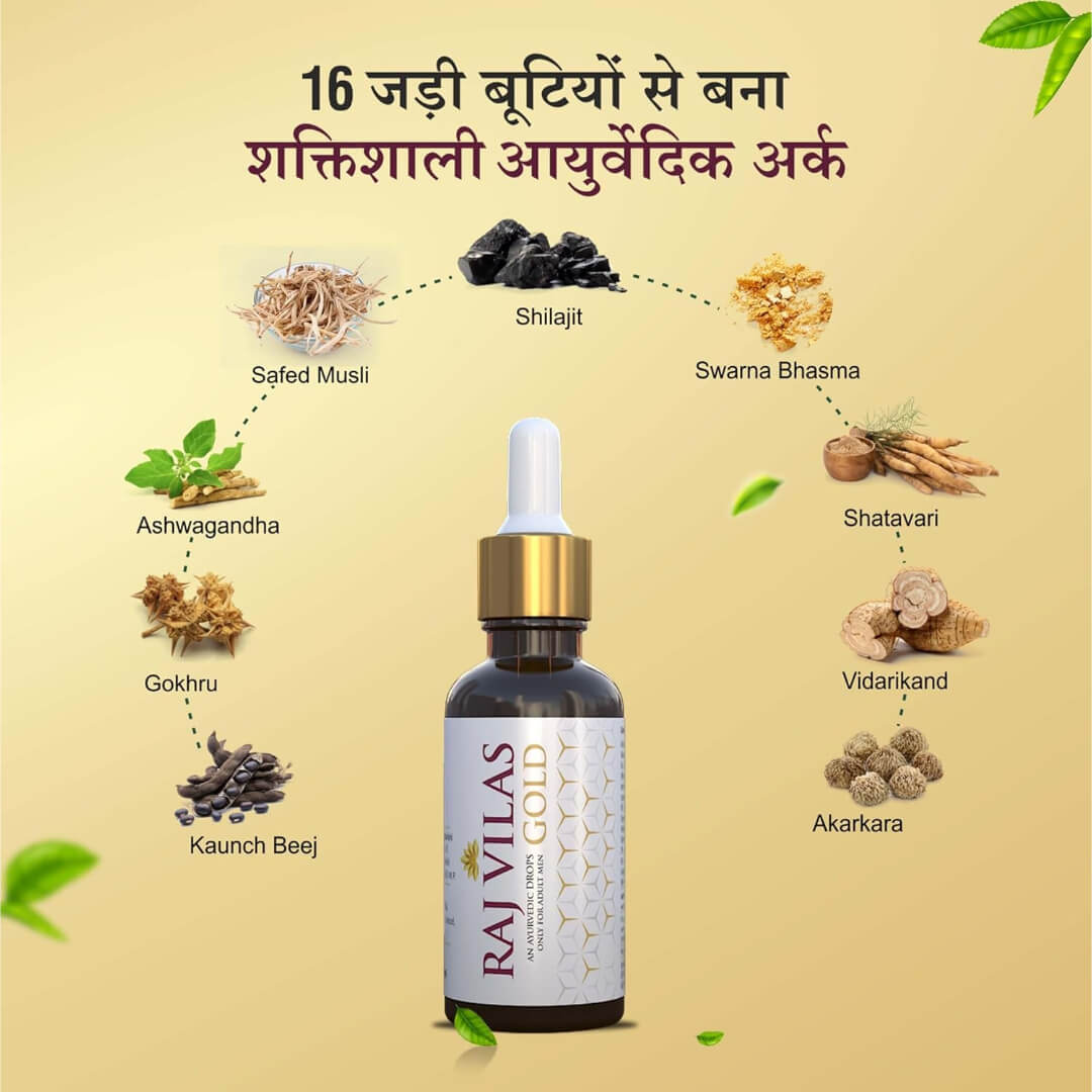 Raj Vilas Gold Ayurvedic Drops with Shilajit, Swarna Bhasma, Ashwagandha 14 Natural Herbs | Premium Ayurvedic Supplement | For Men (Pack of 2) (30ml)