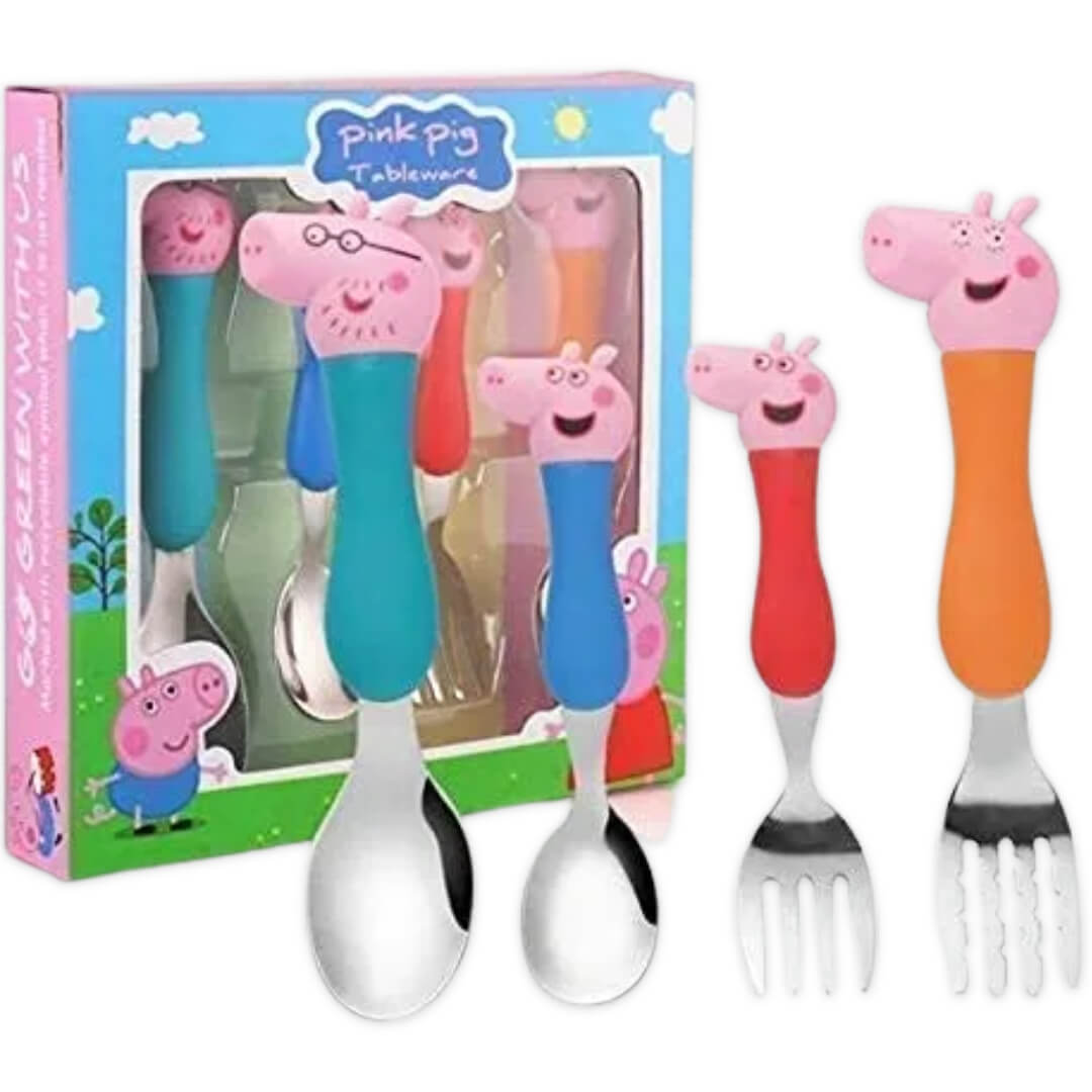 Stainless Steel Peppa Pig Family, Design Spoon & Fork Cutlery Set Baby Feed Spoon and Fork (2 Spoons + 2 Forks) Perfect for Gifting Set of 1