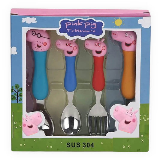 Stainless Steel Peppa Pig Family, Design Spoon & Fork Cutlery Set Baby Feed Spoon and Fork (2 Spoons + 2 Forks) Perfect for Gifting Set of 1