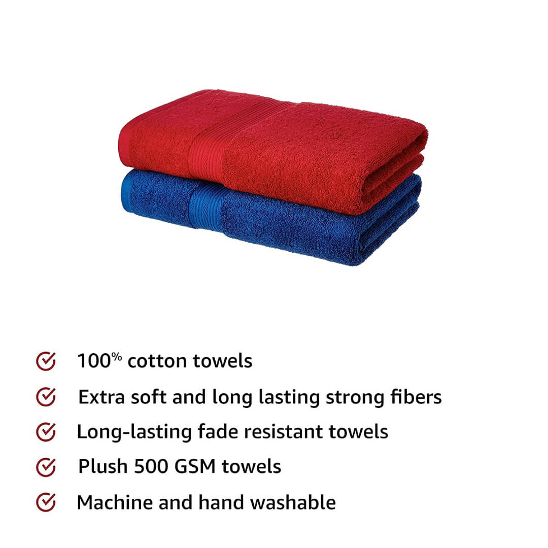 Bath Towel for Men/Women, Bathing Towel, Towels for Bath Large Size | Cotton (2 Pcs). (Blue & Red)
