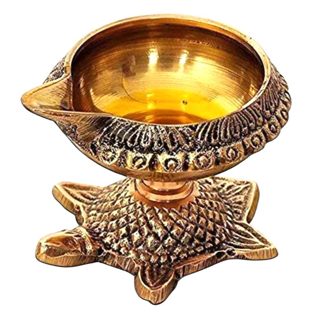 Brass Kubera Akhand Diya Oil Lamp with Turtle Stand for Home, Pooja Room Decoration, Aarti Thali, 3 inches, Brass Colour, Pack of 2 Pair