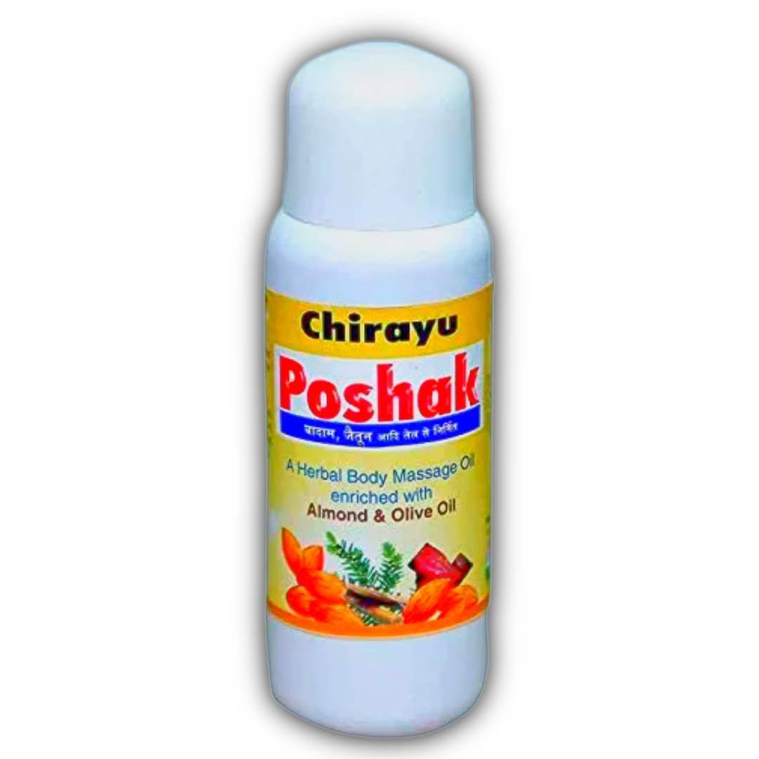 Poshak Oil Chirayu आयुर्वेदिक, बादाम और जैतून के तेल से भरपूर एक हर्बल बॉडी मसाज ऑयल हर किसी के लिए मल्टीपर्पस बॉडी ऑयल - 200ml