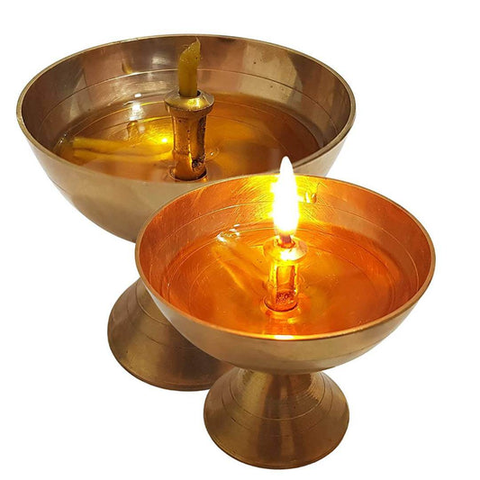 Traditional Brass Diya for Puja | Pooja Aarti | Arti Deepak Deepam Oil Lamp 2.5 Inch, Golden for Home Temple Puja Articles Decor Gifts Set -2