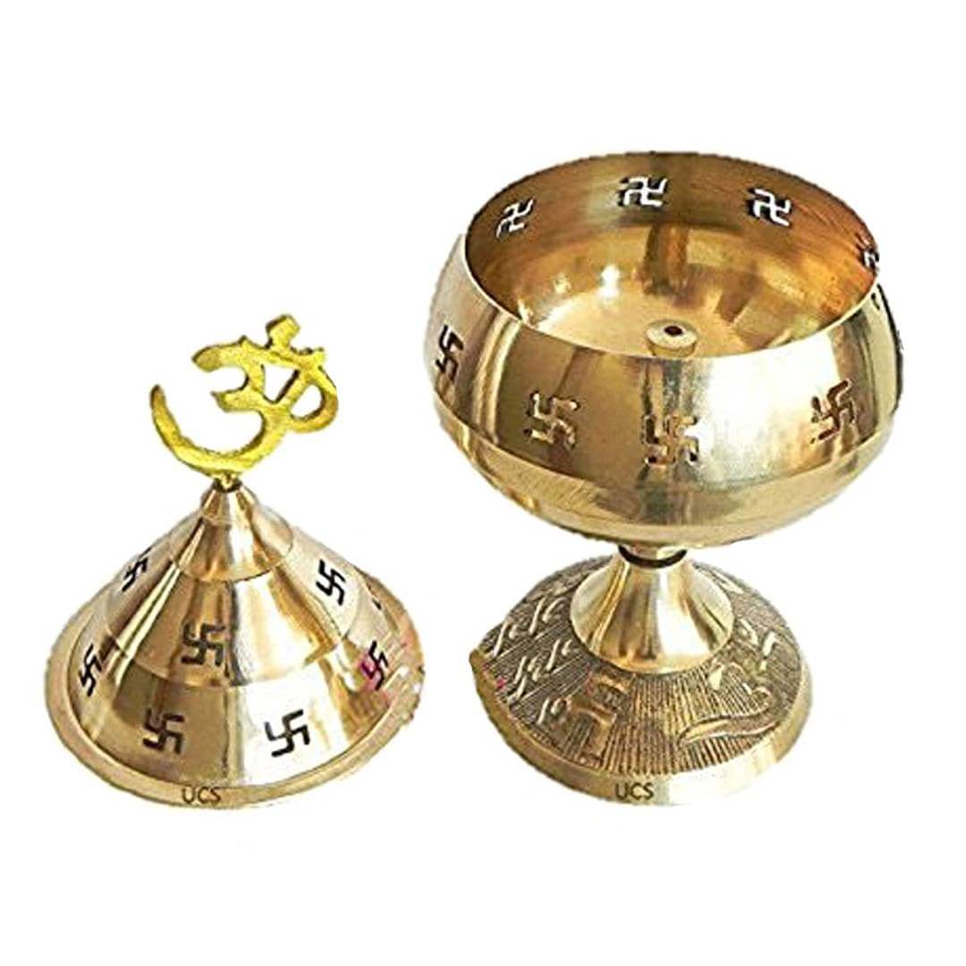 Classic Round Swastik Design Pure Brass Jali Akhand Jyoti Deep with Stand,Cover & Om Diya/Oil Lamp for Temple, Home & Office Decor
