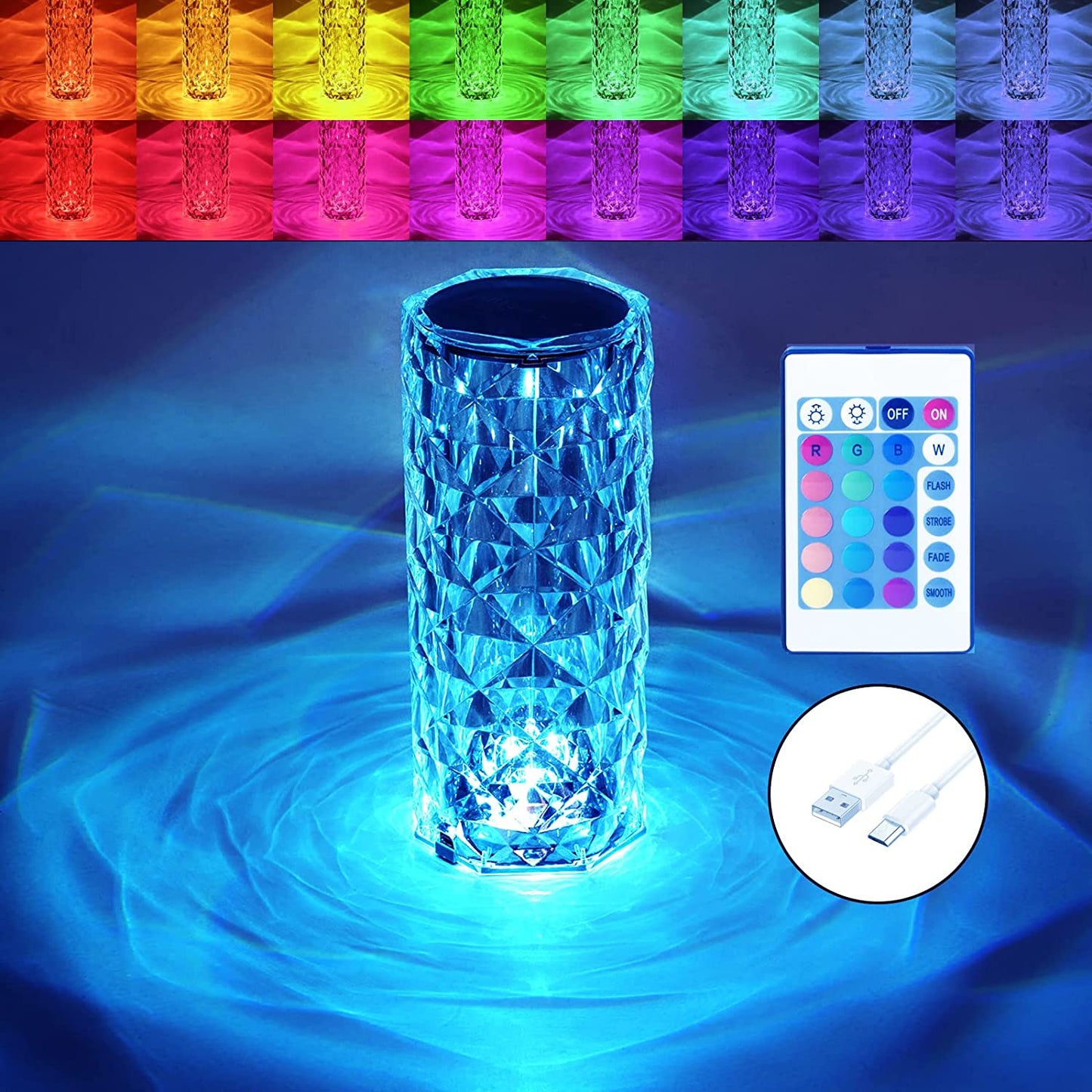 Crystal Rose Diamond 16 Color RGB LED Night Lamp | USB Remote and Touch Control Desk Lamp for Bedroom, Living Room