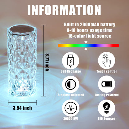 Crystal Rose Diamond 16 Color RGB LED Night Lamp | USB Remote and Touch Control Desk Lamp for Bedroom, Living Room