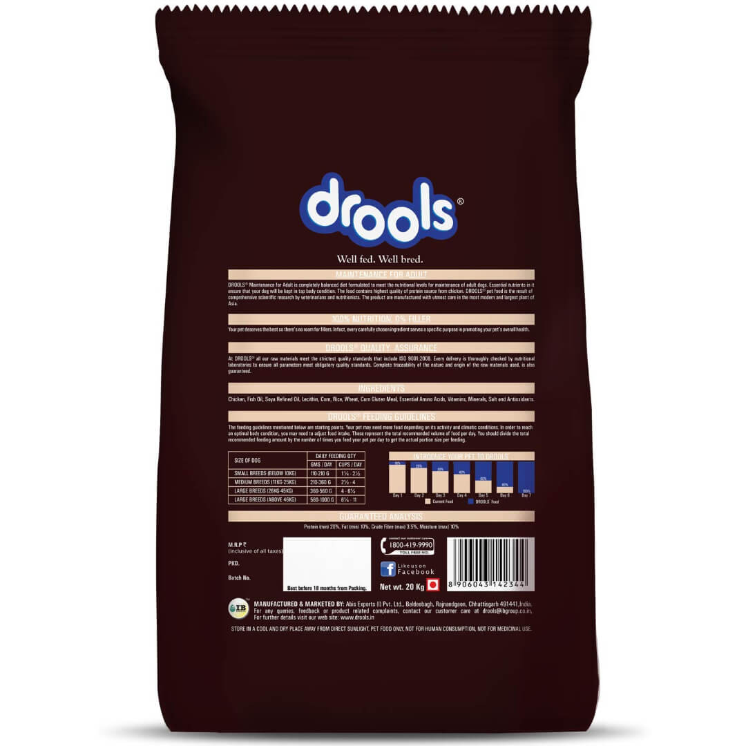Drools Maintenance Adult Dry Dog Food, Chicken Flavour, 22kg (20kg with 2kg Free Inside)