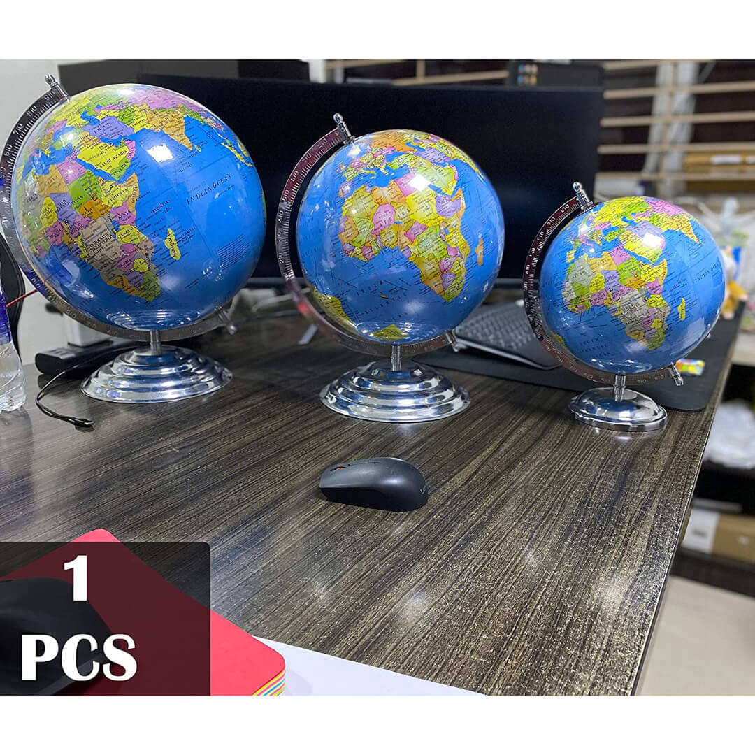 Educational 8 Inch Political Black Metal Base STEM Globe with Magnifying Glass for Kids, Students and Office 1Pcs