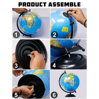 Educational 8 Inch Political Black Metal Base STEM Globe with Magnifying Glass for Kids, Students and Office 1Pcs