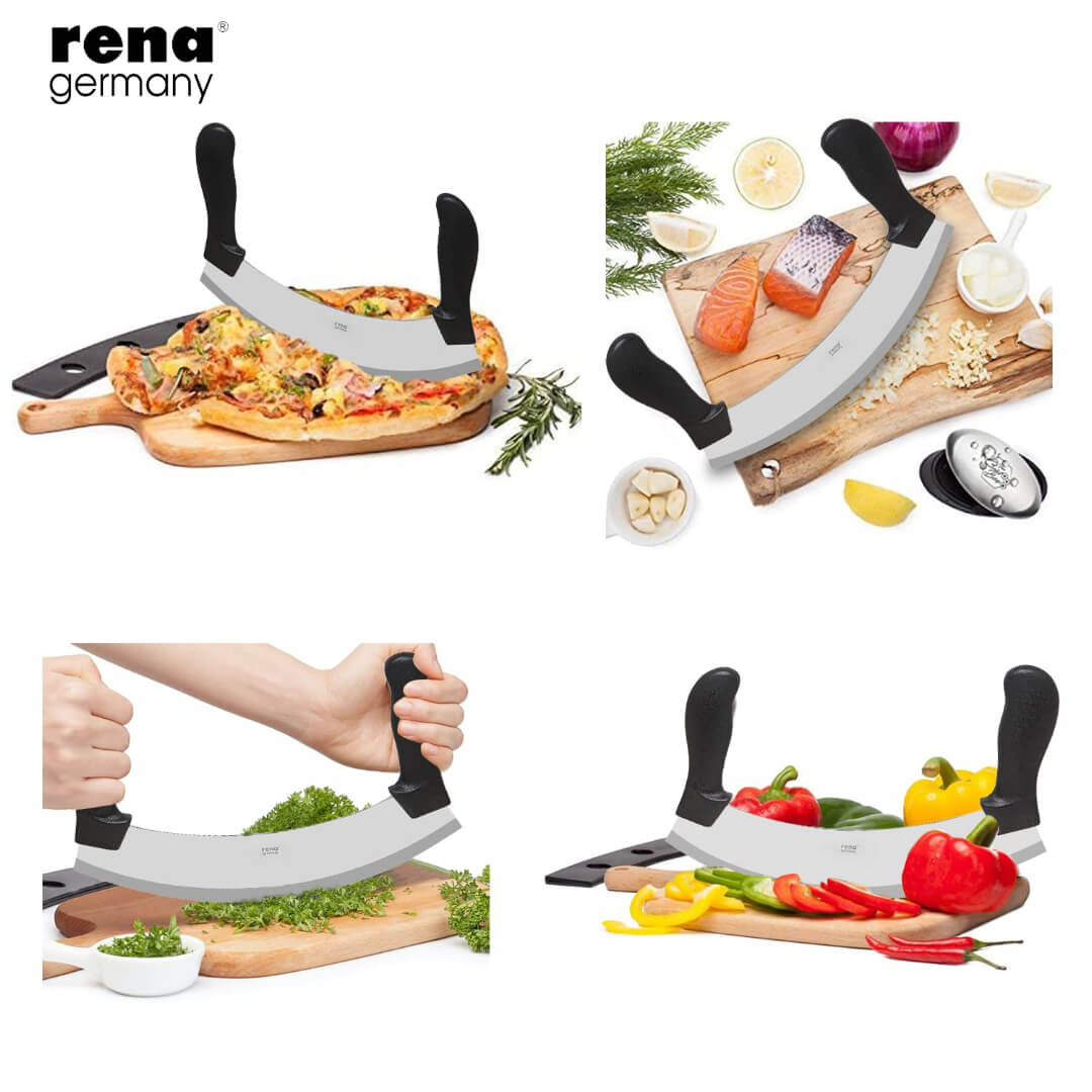 Heavy Duty Double Handle Pizza Cutter - Pizza Slicer - Mezzaluna / Mincing Knife - Double Handle Ideal for Mincing, Nan Cutter, Dicing, Chopping