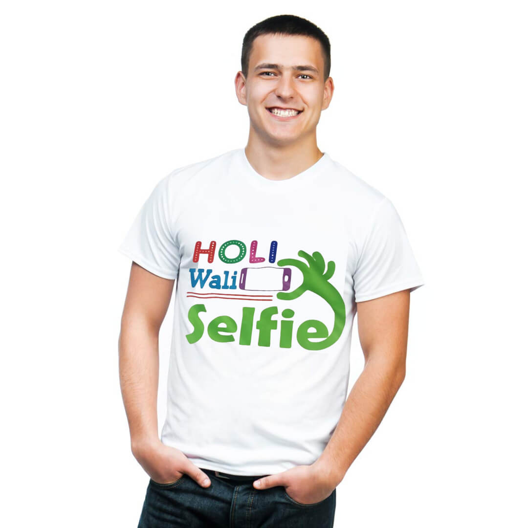 Holi Wali Selfie - Holi T-Shirt, Men and Women Regular Fit -Colourful , Round Neck Tshirt, Polycotton Half Sleeve For Unisex
