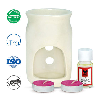 IRIS Amber Rose Vaporizer Set with Two Tea Light Candles - Amber Rose Scent - Chemical Free - Fine Living Fragrance | Room-Freshener For Home, Office