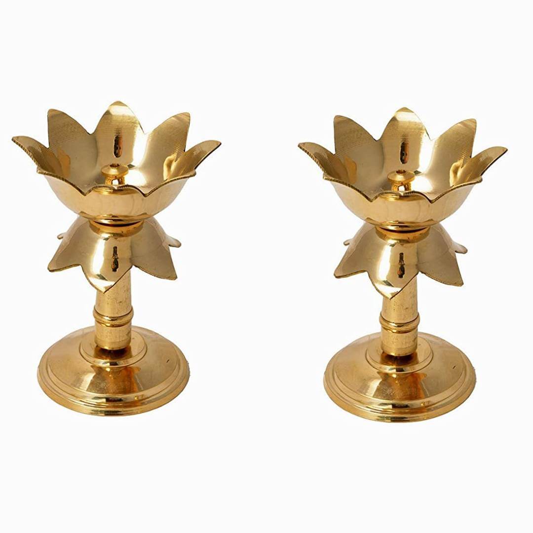 Kamal Brass Table Diya Set (Height: 4 inch, Pack of 2) | Pooja Aarti | Arti Deepak Deepam Oil Lamp for Home Temple Puja Articles Decor Gifts Set -2