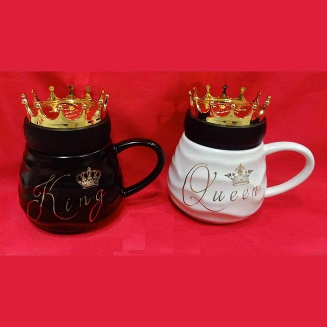 King Queen Printed Coffee and Tea Ceramic Mug Gift for Birthday Husband, Couple, Friends, Lover, Brother, Beautiful Mug Set of 2 Mugs-400 ml