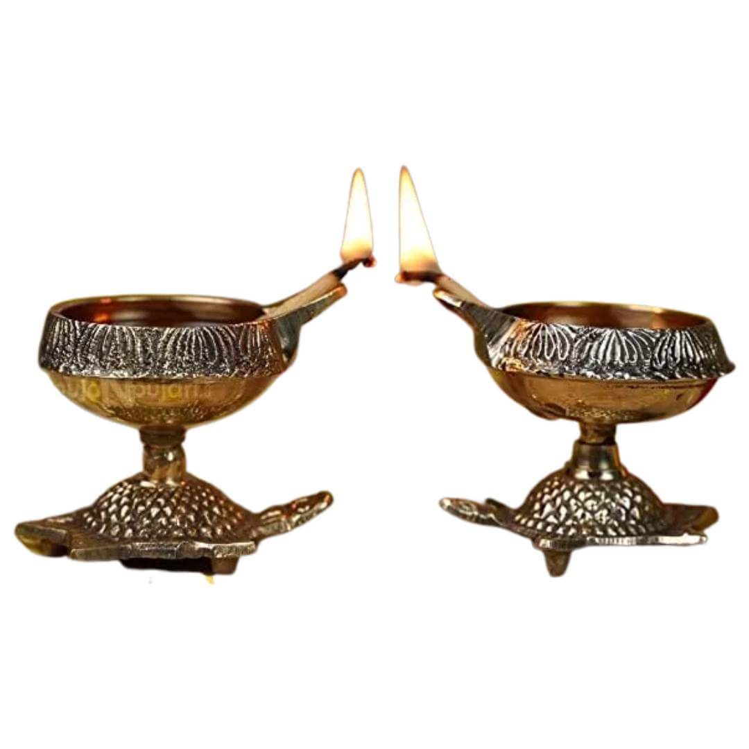 Brass Kubera Akhand Diya Oil Lamp with Turtle Stand for Home, Pooja Room Decoration, Aarti Thali, 3 inches, Brass Colour, Pack of 2 Pair