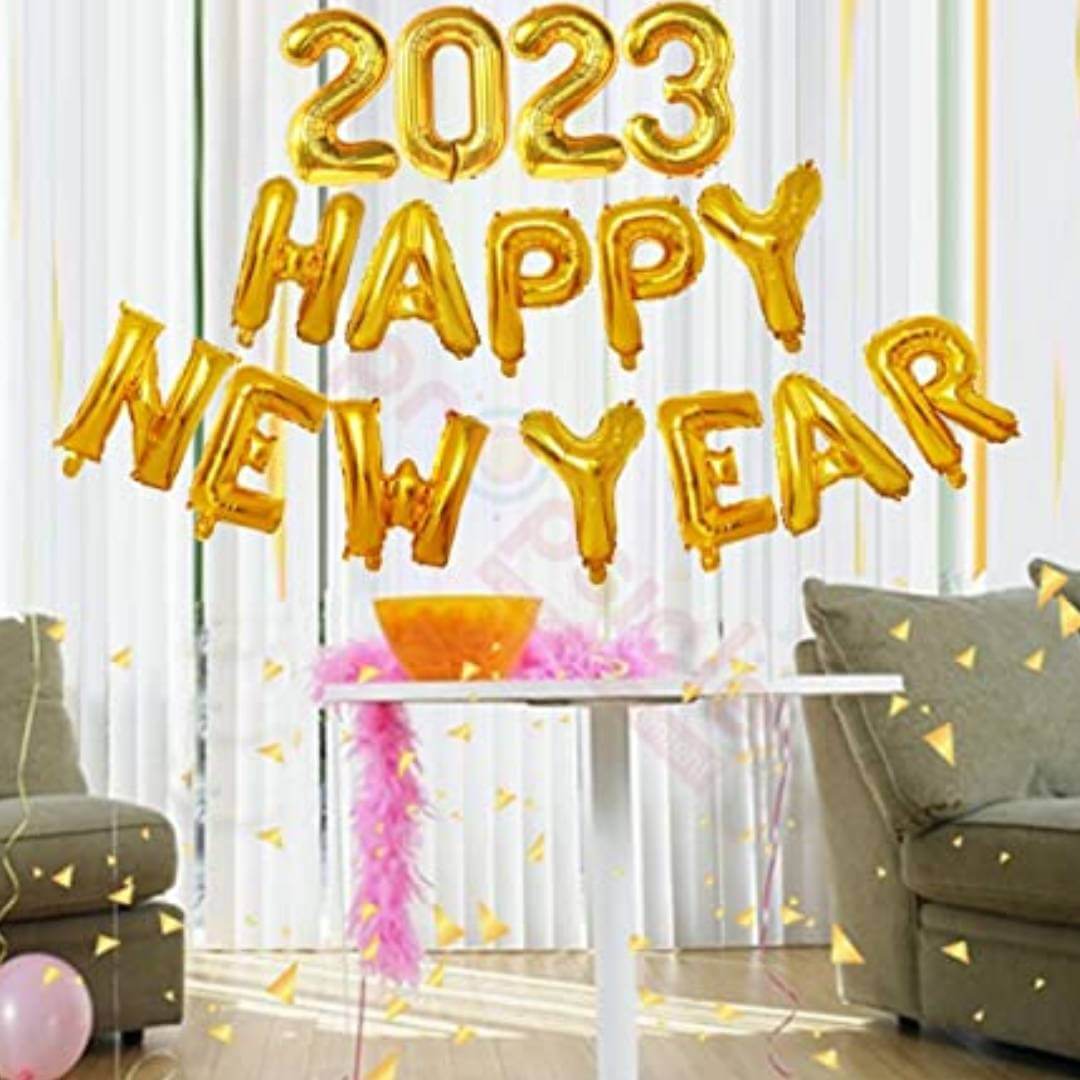 Golden Letter Happy New Year Foil Balloon and 16" Golden 4 Pcs 2023 Number Balloon / New Year Party Decoration / New Year Helium Balloon - Pack of 1