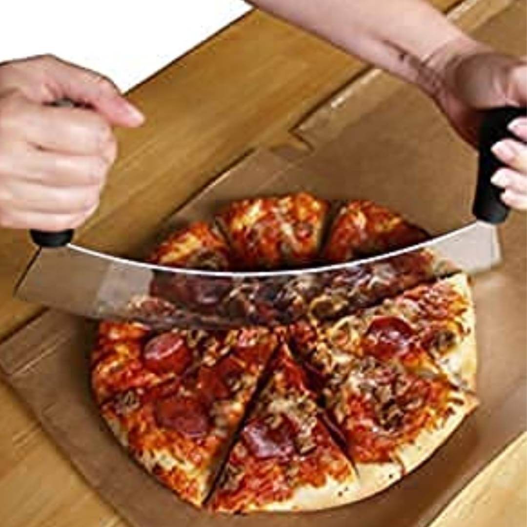 Pizza Cutter - Pizza Slicer - Mezzaluna / Mincing Knife - Double Handle Ideal for Mincing, Dicing, Chopping & Slicing - with Serrated Knife
