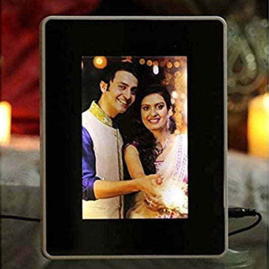 Rectangular Shape Magic Mirror Photo Frame with Cable for Home Decor Table, Living, Bedroom Lamp  LED Light & Customized Personal Photograph (White)
