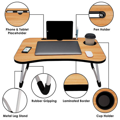मल्टीपर्पस फ़ोल्ड करने योग्य लैपटॉप टेबल कप होल्डर के साथ | मैक होल्डर | स्टडी टेबल, ब्रेकफास्ट टेबल, फोल्डेबल और पोर्टेबल और गोल किनारे/नॉन-स्लिप लेग्स