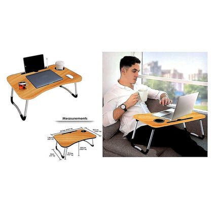 मल्टीपर्पस फ़ोल्ड करने योग्य लैपटॉप टेबल कप होल्डर के साथ | मैक होल्डर | स्टडी टेबल, ब्रेकफास्ट टेबल, फोल्डेबल और पोर्टेबल और गोल किनारे/नॉन-स्लिप लेग्स