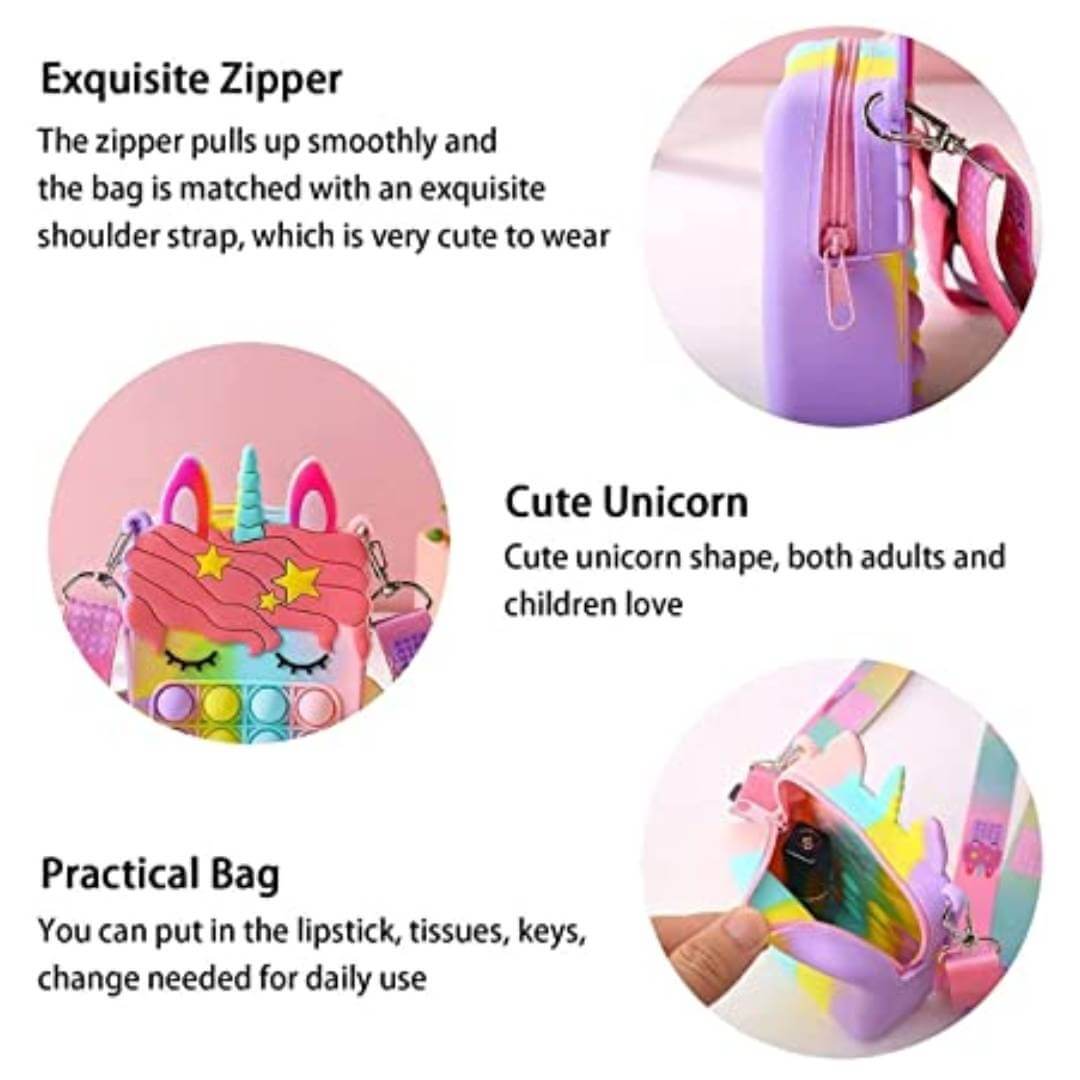 यूनिकॉर्न पॉप इट स्लिंग बैग - बच्चों के लिए क्रॉसबॉडी बैग, लड़कियों के लिए पॉप इट पर्स, स्ट्रेस रिलीफ टॉयज पॉप इट बैग, बच्चों के लिए फिजेट पर्स, (1 पीस का पैक)