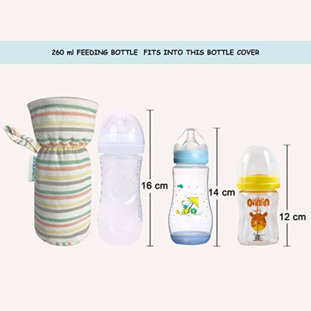 आसानी से पकड़ने वाले स्ट्रैप के साथ स्ट्रेचेबल बेबी फीडिंग बोतल कवर | 250ml के लिए उपयुक्त | प्यारा एनिमेटेड समग्र प्रिंट 1 का पैक (रंग भिन्न हो सकता है) 