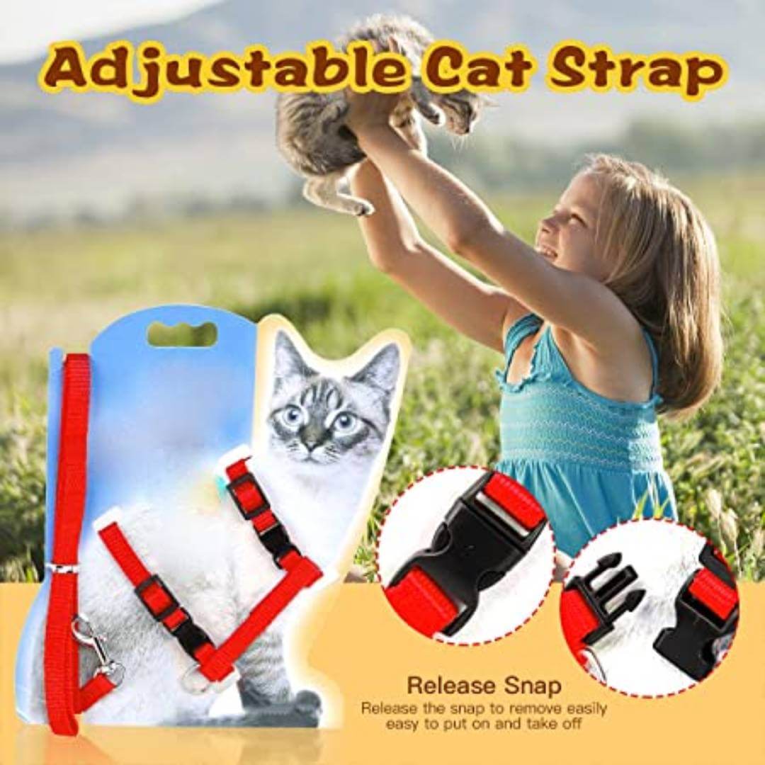 Cat Harness Leash Nylon Set for Cat Rabbit Kitten and Small Pet Nylon Harness Strap Collar /Cat Training Leash Lead (Red)