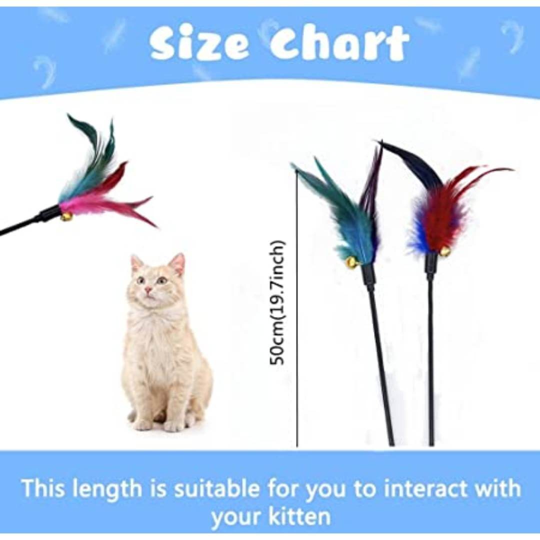 Cat Toys for Pets , 2 PCS Interactive Cat Toy Feather Stick with Loud Bell 19.7" Long Wand for Cat and Kitten.  (Two)