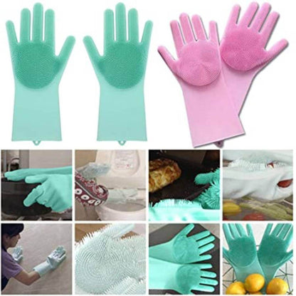 Silicon Hand Gloves for Kitchen Dishwashing and Pet Grooming, Great for Washing Dish, Car, Bathroom (Multicolour, Pack of 1)