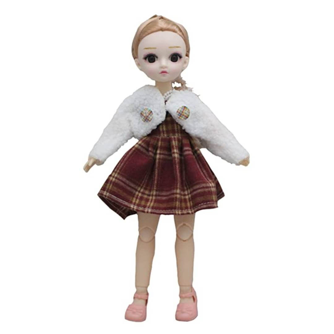 Movable Jointed Makeup Cute Girl Brown Eyes Fashionable Doll Maroon Frock for Kids Girls (Size: 30 cm Color: Maroon)