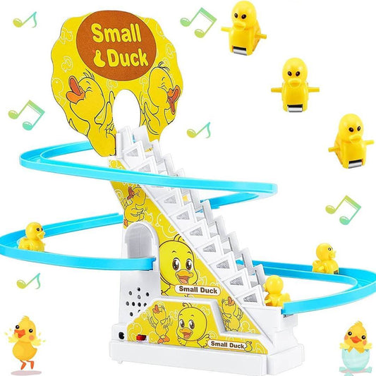 Small Ducks Climbing Toys,Electric Duck Climbing Stairs Tracks Slide Toy Set,Duck Roller Coaster Toy with Flashing Lights & Music On/Off Button