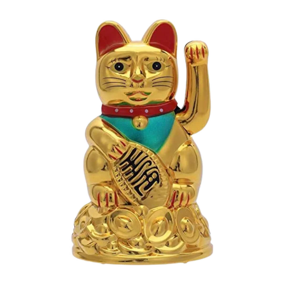 Vastu/Feng Shui/Wlcome Cat Sitting On Money Ingot for Wealth and Prosperity Decorative Showpiece - 18 cm (Plastic, Gold)