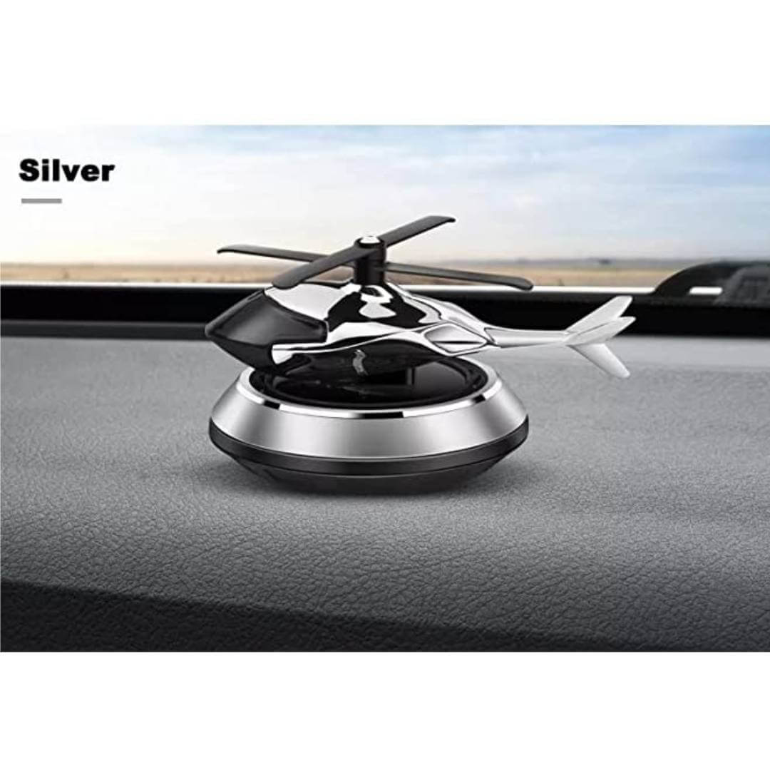 Helicopter Aircraft Shaped Solar Powered Rotating Fan Car Air Freshener Car Dashboard Accessory For Car Interior Decoration For All Cars (Silver)