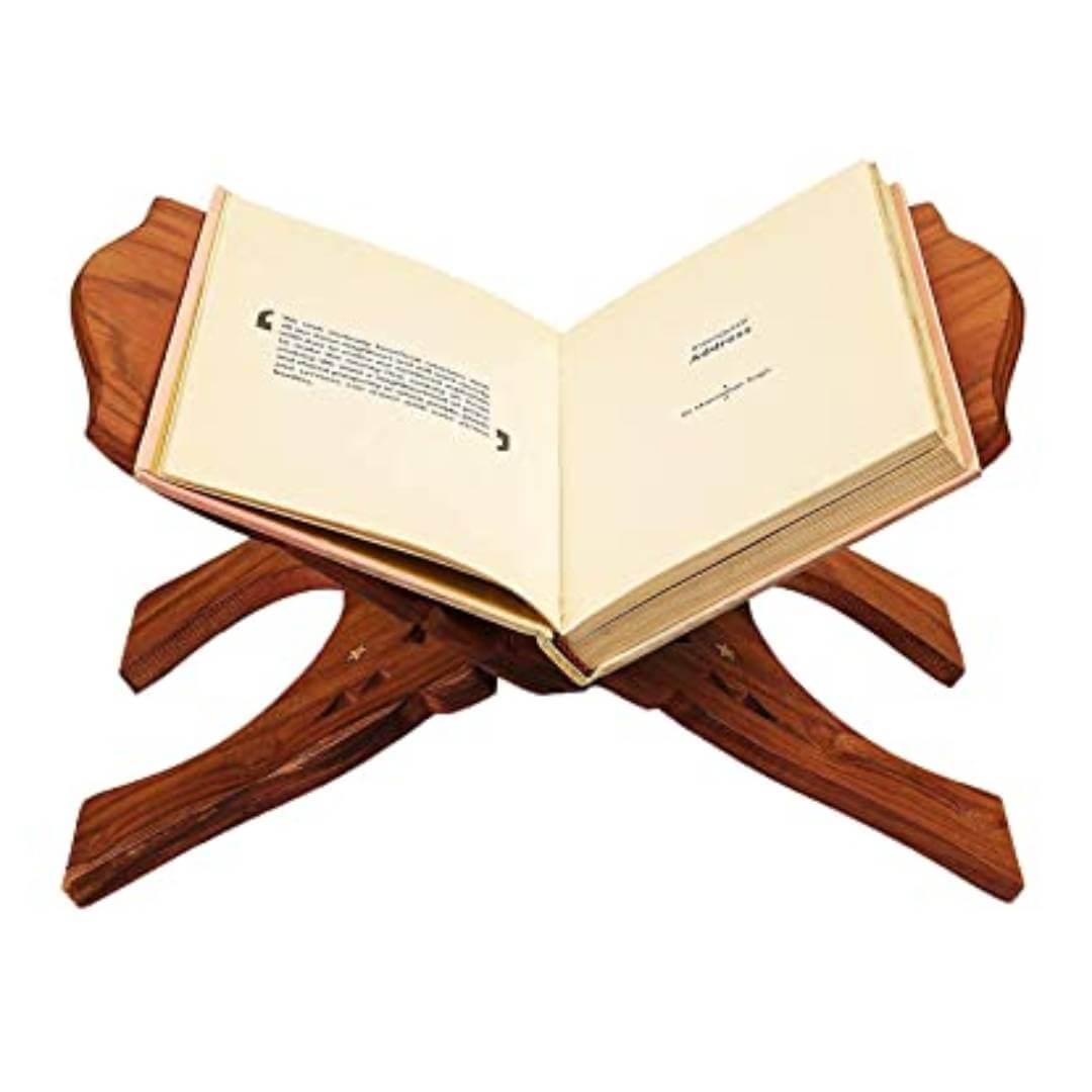 Handcraft Wood Holy Book Stand Holder for Bible, Geeta, Quran in Folding and Carved Design Book Holder Display Stand - Size (15 Inch)