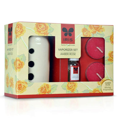 IRIS Amber Rose Vaporizer Set with Two Tea Light Candles - Amber Rose Scent - Chemical Free - Fine Living Fragrance | Room-Freshener For Home, Office
