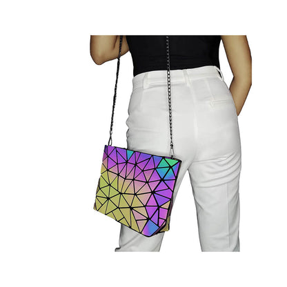Geometric Luminous Sling Bag For Women I Holographic Reflective Sling Bag I Color Changing Bag with Detachable ChainI Purse for Women (Size Medium)