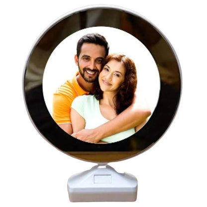Round Shape Magic Mirror Photo Frame with Cable for Home Decor Table, Living, Bedroom Lamp  LED Light & Customized Personal Photograph (White)