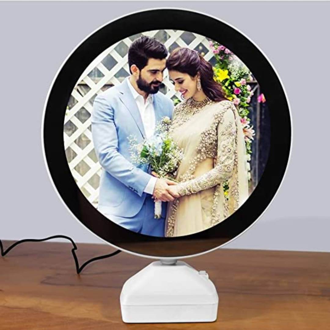 Round Shape Magic Mirror Photo Frame with Cable for Home Decor Table, Living, Bedroom Lamp  LED Light & Customized Personal Photograph (White)